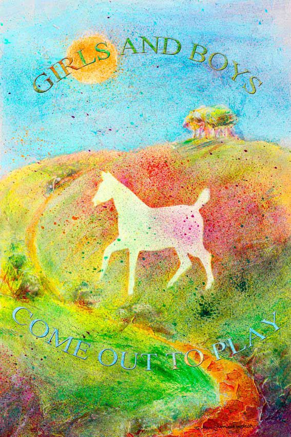 July,Girls,Boys, illustration, children, white horse, wiltshire, landcape, july