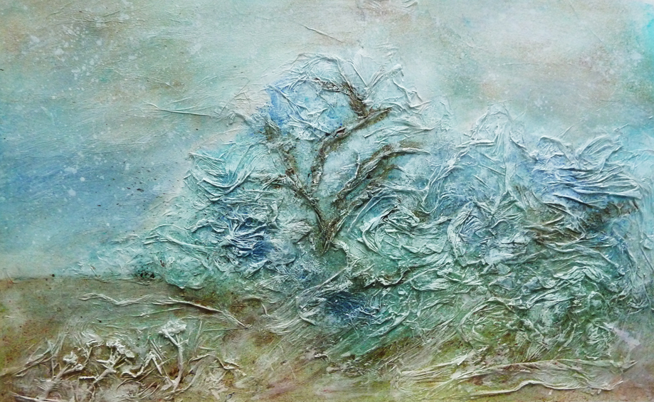 Hoar Frost Snow hedgerow Aldbourne mixed media Wiltshire landscapes