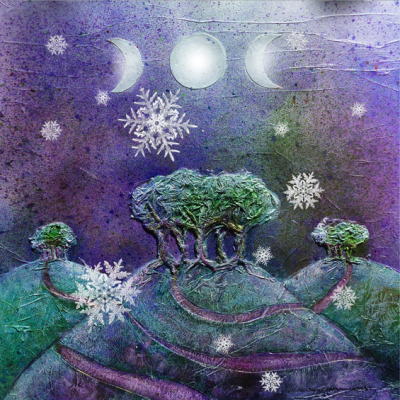 moon,goddess,hill,trees,sacred,grove,moon,triple,midnight,night,snowflake,snow,winter,blue,magicalmystical,wicca,digital,mixed,media,christmas,december