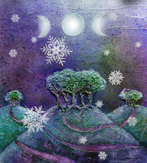 moon,goddess,hill,trees,sacred,grove,moon,triple,midnight,night,snowflake,snow,winter,blue,magicalmystical,wicca,digital,mixed,media,christmas,december