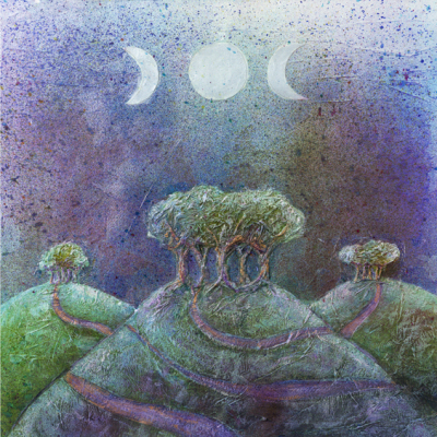 Moon,goddess,hill,midnight,night,sacred,grove,fairy,mystical,magical mixed,media,watercolour