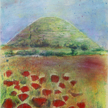 Silbury, hill, Wiltshire,landscape, sun, poppies, mixed media,water colour