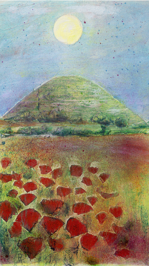 Silbury, hill, Wiltshire,landscape, sun, poppies, mixed media,water colour