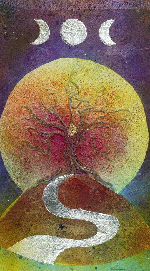 Tree of Life mixed media moon stars mystical