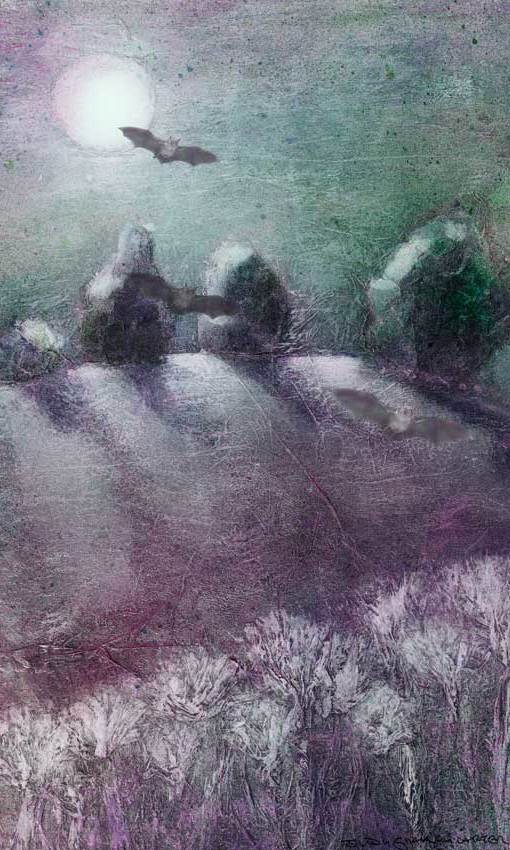 Avebury, Wiltshire, landscape, magical, fantasy ,bats, illustration,