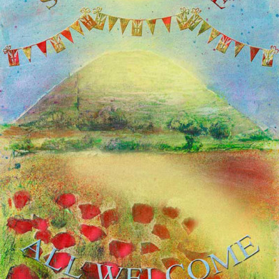 summer, July,bunting, poppies, silbury,hill,frame,sun, wiltshire, landscape,mixedmedia,watercolour,digital, fete