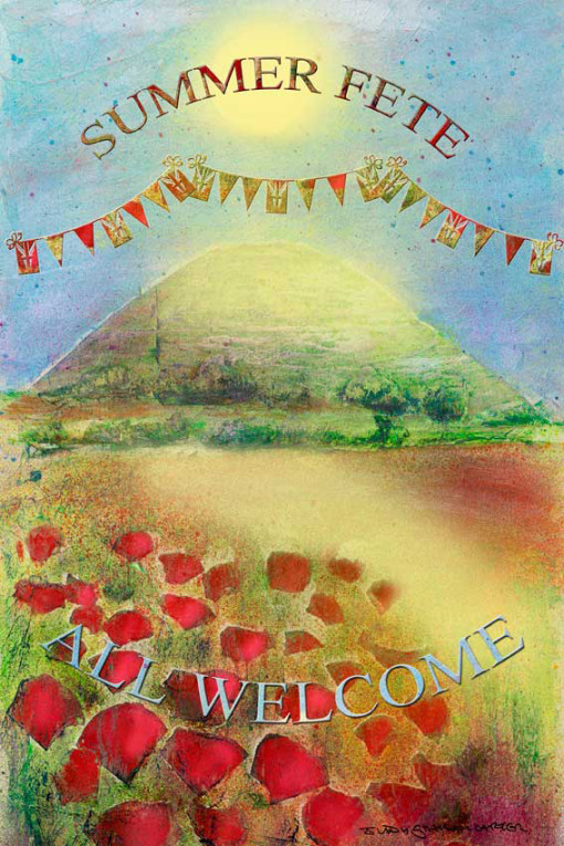 summer, July,bunting, poppies, silbury,hill,frame,sun, wiltshire, landscape,mixedmedia,watercolour,digital, fete